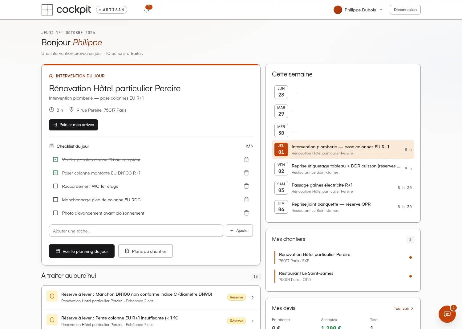 Interface artisan « Ma journée » : intervention du jour, pointage d'arrivée, checklist, réserves à lever et comptes-rendus à signer.